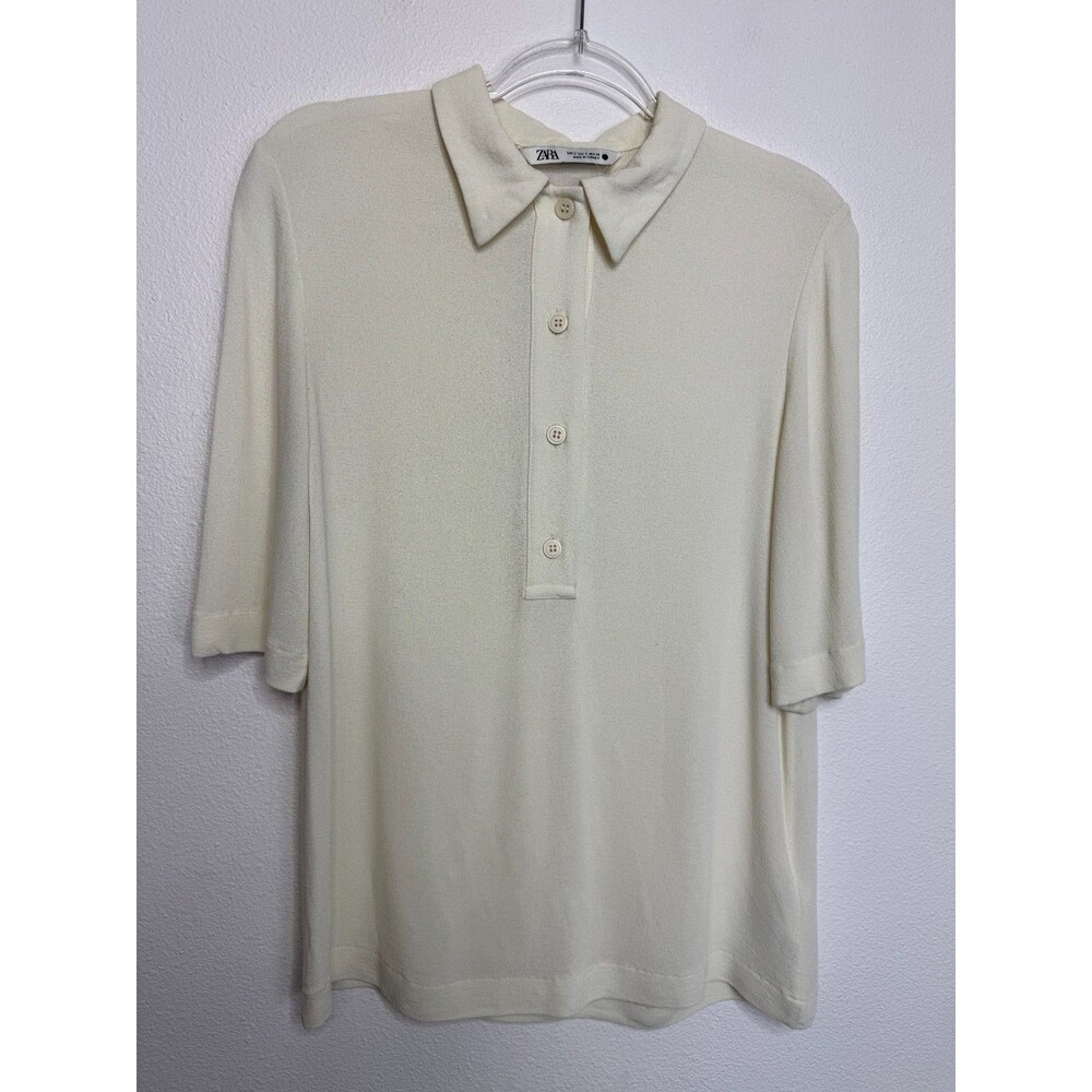 Zara Small Knit Polo Shirt Cream Textured Short Sleeve Button Up Relaxed Collar